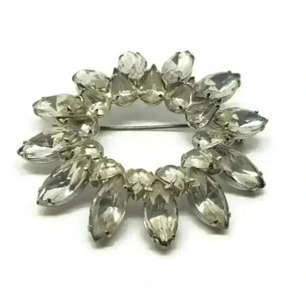 Vintage Brooch Rhinestone Circle Flower Navette & Pear Stones Large